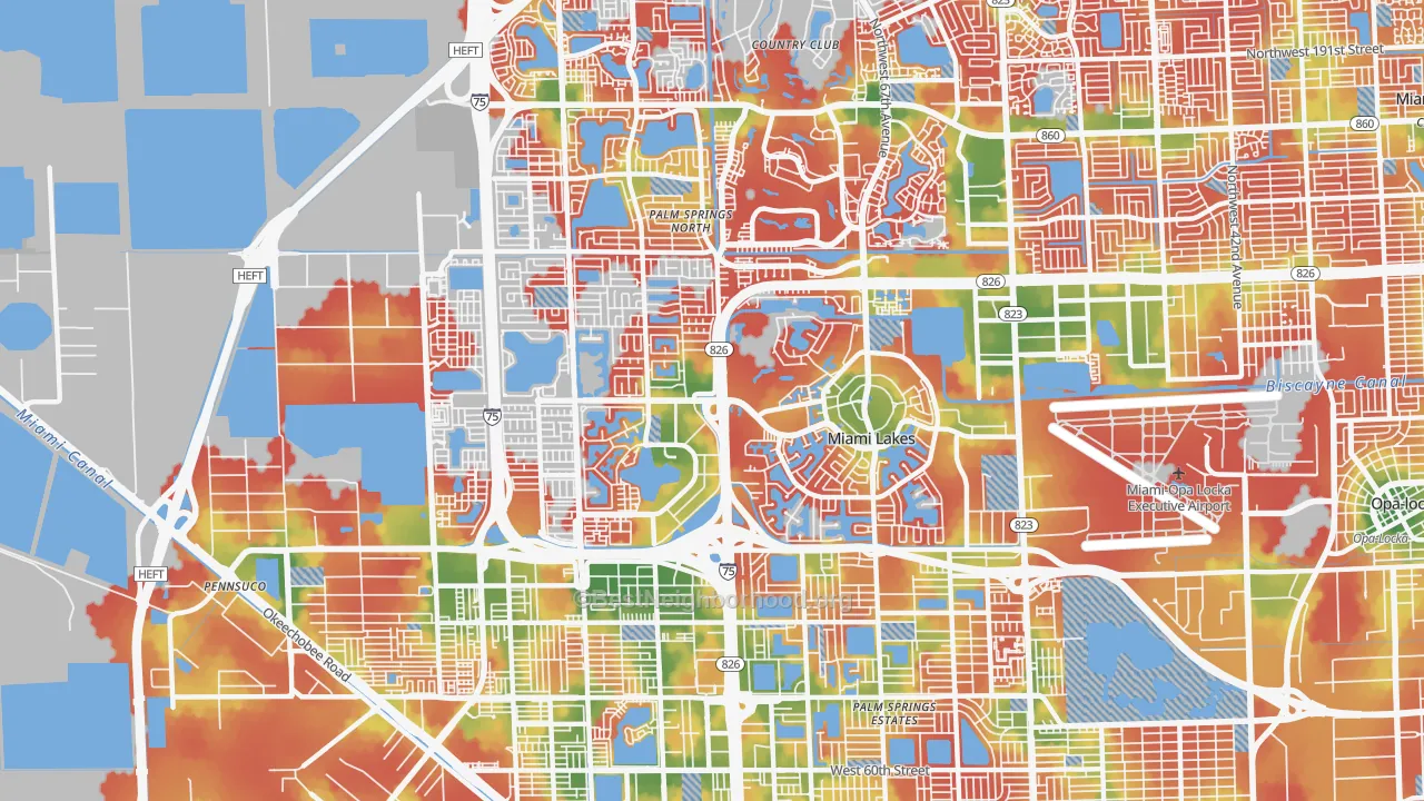 Walk Grade map of Miami Lakes, FL, walkable areas in green and car-dependent areas in red