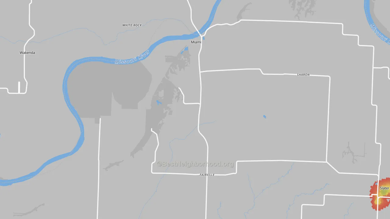 Walk Grade map of Miami, MO, walkable areas in green and car-dependent areas in red