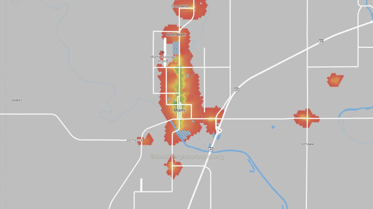 Walk Grade map of Miami, OK, walkable areas in green and car-dependent areas in red