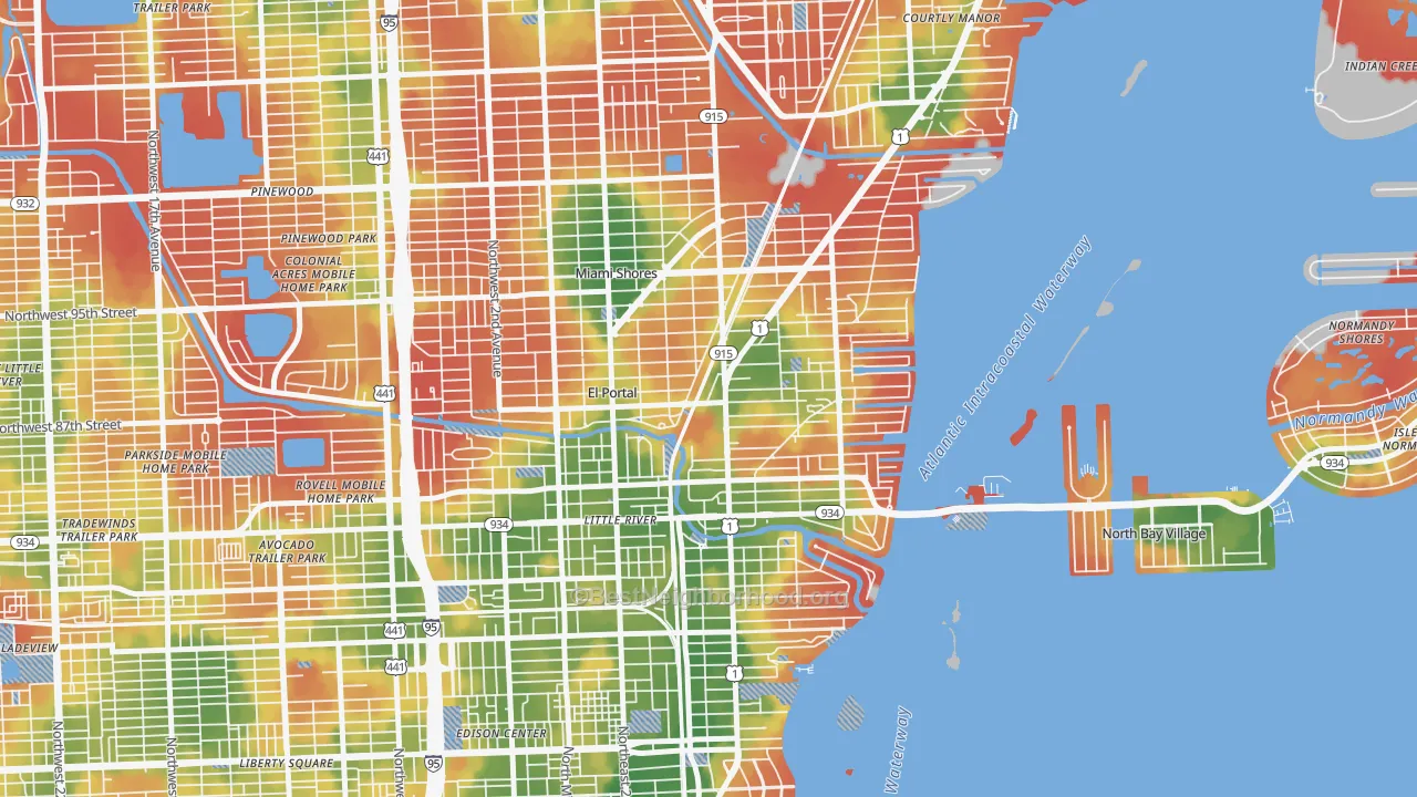Walk Grade map of Miami Shores, FL, walkable areas in green and car-dependent areas in red