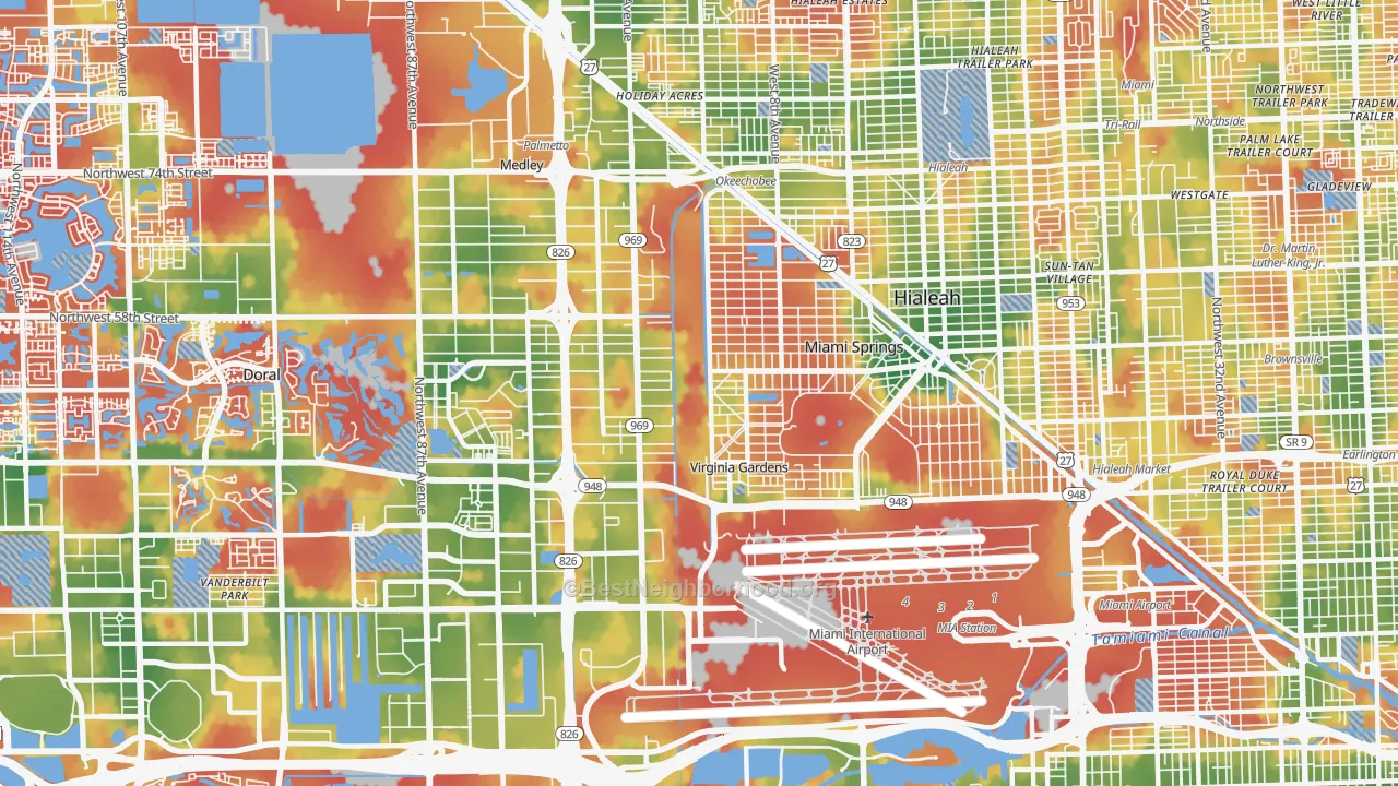 Walk Grade map of Miami Springs, FL, walkable areas in green and car-dependent areas in red