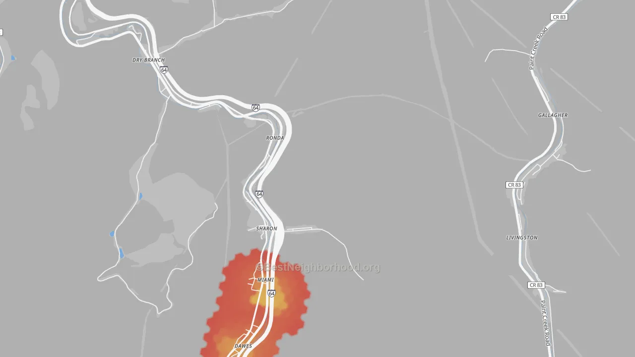 Walk Grade map of Miami, WV, walkable areas in green and car-dependent areas in red