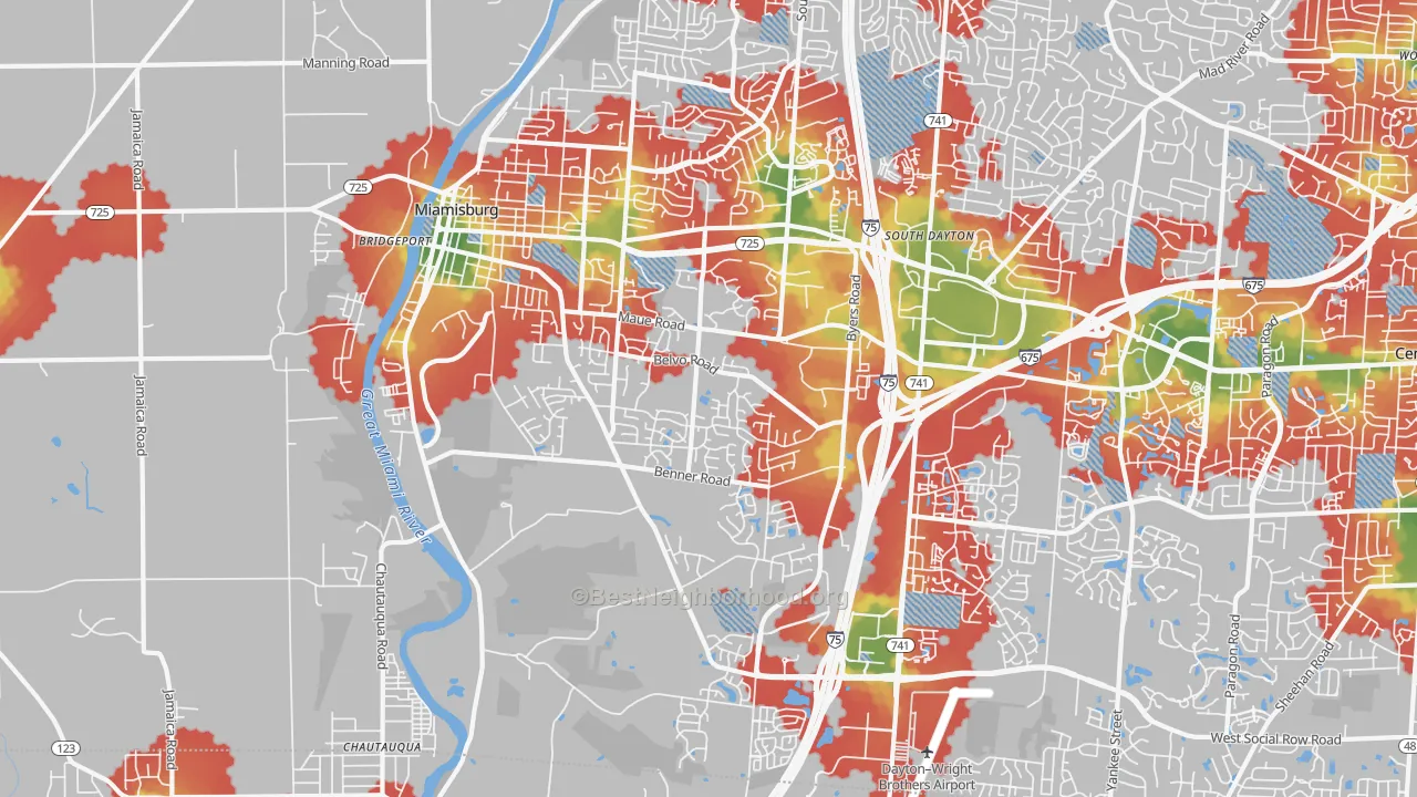 Walk Grade map of Miamisburg, OH, walkable areas in green and car-dependent areas in red