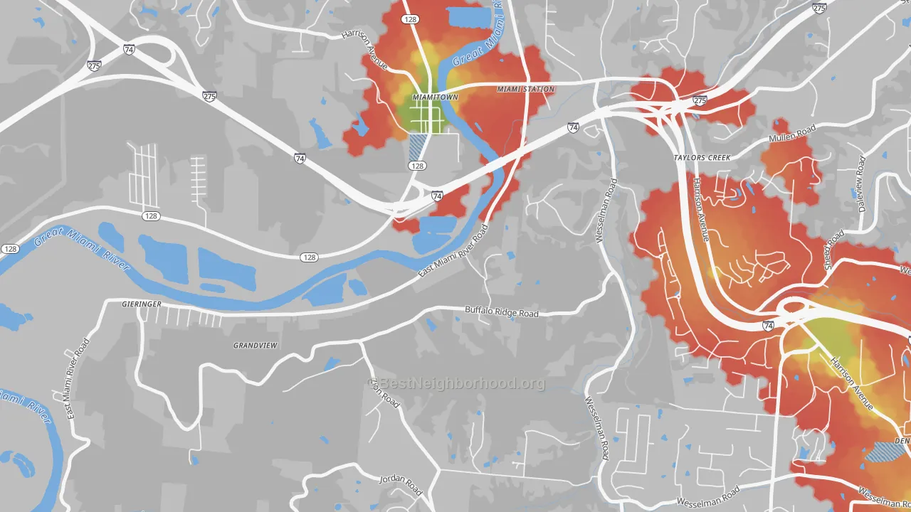 Walk Grade map of Miamitown, OH, walkable areas in green and car-dependent areas in red