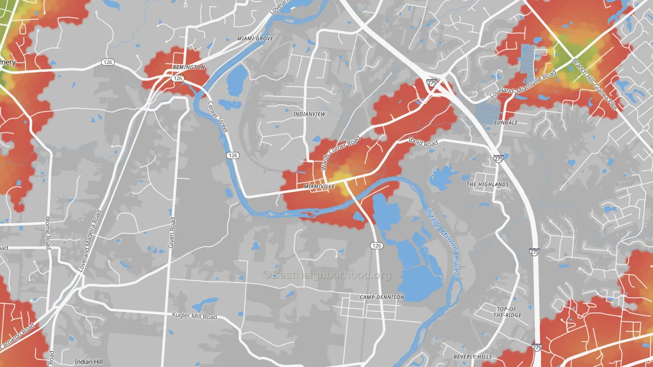 Walk Grade map of Miamiville, OH, walkable areas in green and car-dependent areas in red