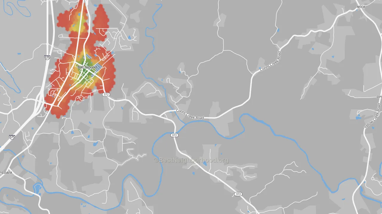 Walk Grade map of Mica, GA, walkable areas in green and car-dependent areas in red