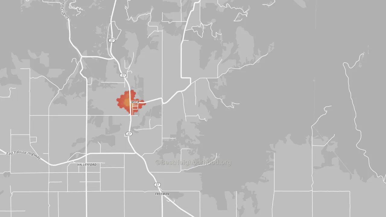 Walk Grade map of Mica, WA, walkable areas in green and car-dependent areas in red