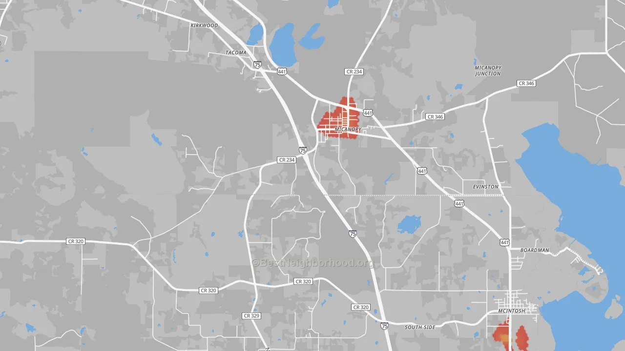 Walk Grade map of Micanopy, FL, walkable areas in green and car-dependent areas in red