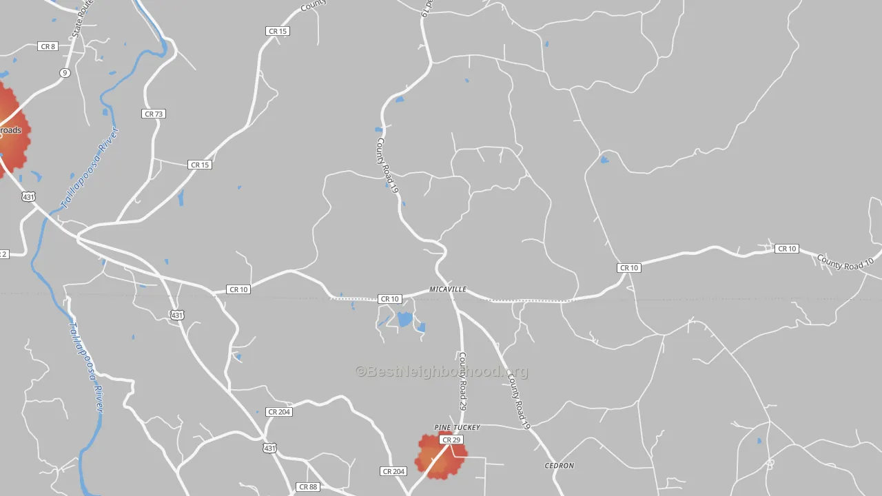 Walk Grade map of Micaville, AL, walkable areas in green and car-dependent areas in red