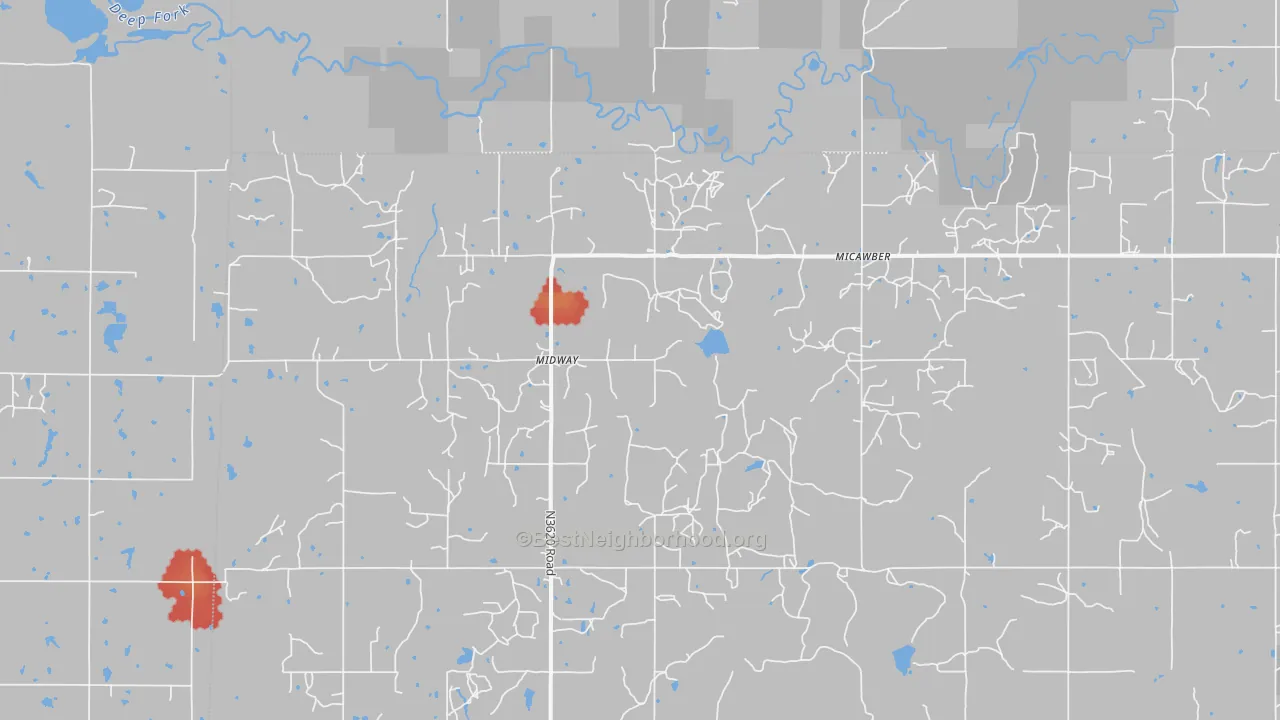 Walk Grade map of Micawber, OK, walkable areas in green and car-dependent areas in red
