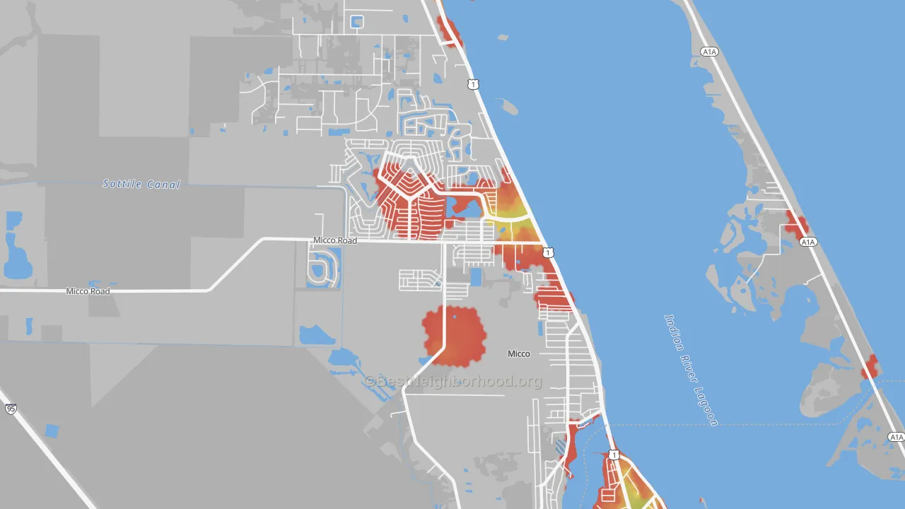 Walk Grade map of Micco, FL, walkable areas in green and car-dependent areas in red