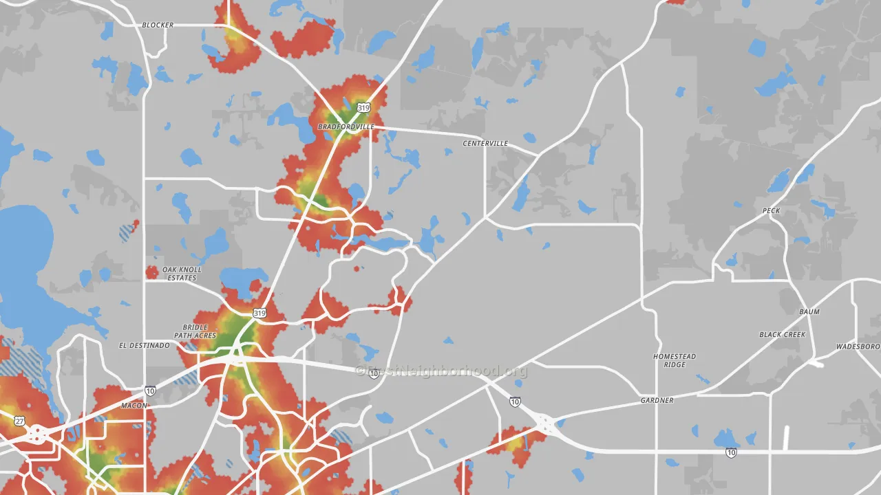 Walk Grade map of Miccosukee Cpo, FL, walkable areas in green and car-dependent areas in red