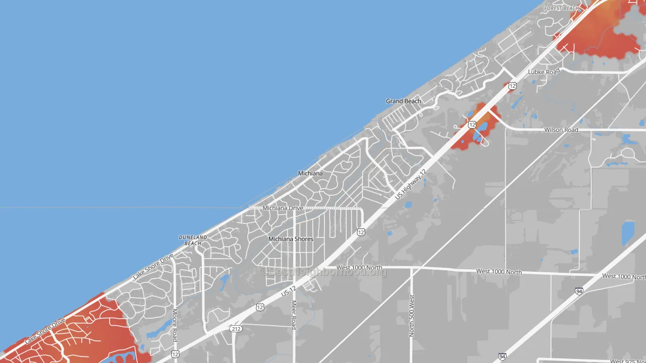Walk Grade map of Michiana, MI, walkable areas in green and car-dependent areas in red