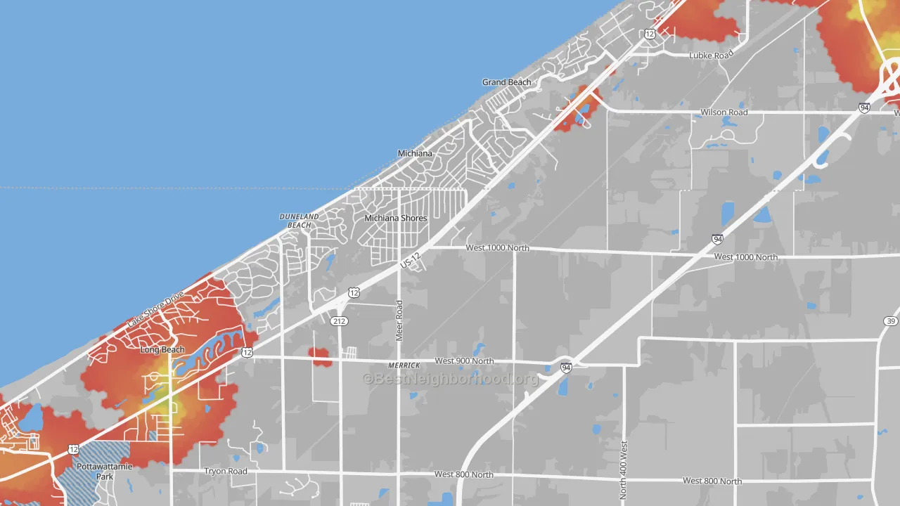 Walk Grade map of Michiana Shores, IN, walkable areas in green and car-dependent areas in red