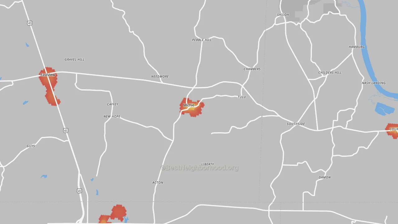 Walk Grade map of Michie, TN, walkable areas in green and car-dependent areas in red