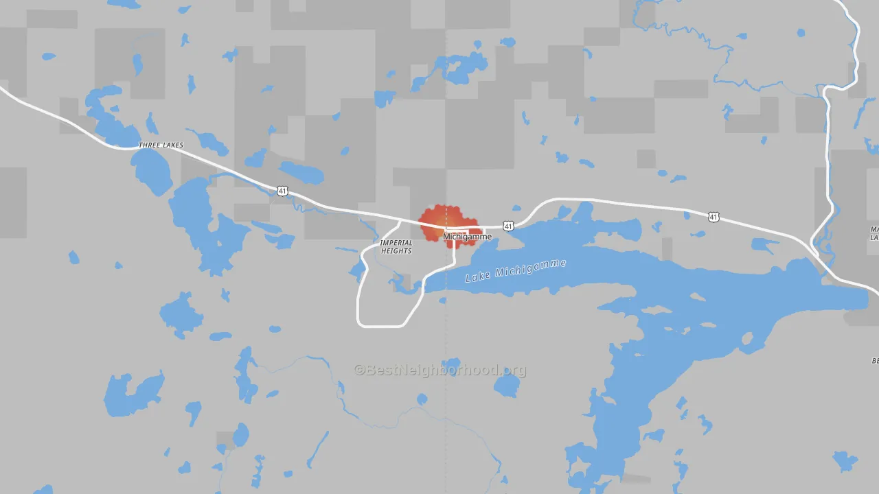 Walk Grade map of Michigamme, MI, walkable areas in green and car-dependent areas in red