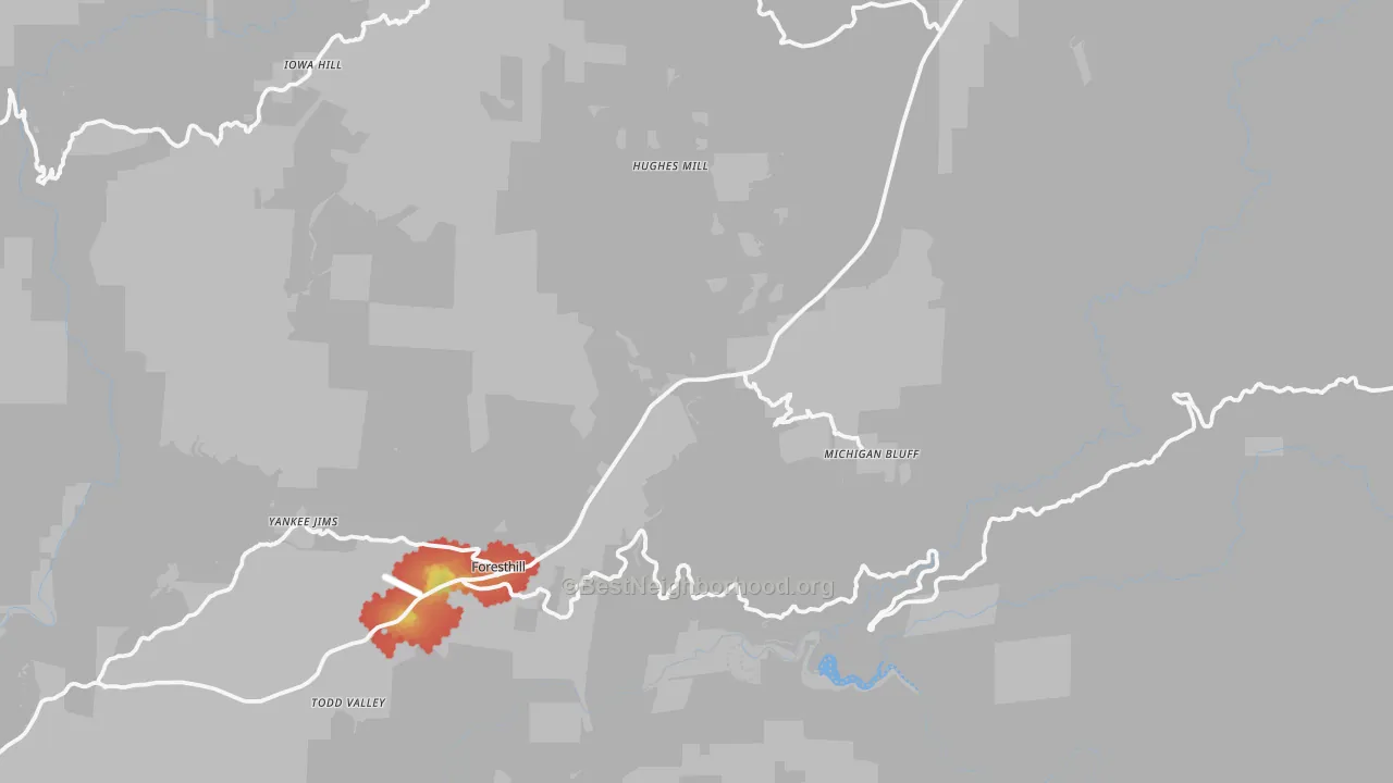 Walk Grade map of Michigan Bluff, CA, walkable areas in green and car-dependent areas in red