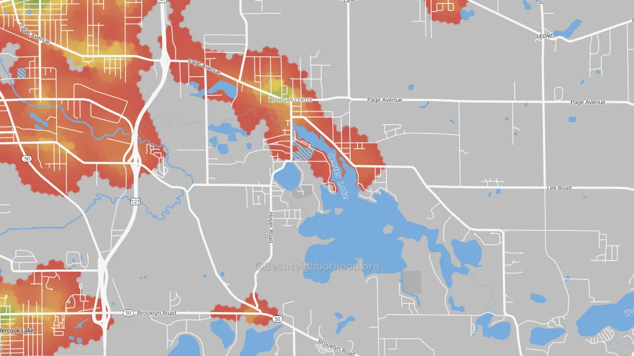 Walk Grade map of Michigan Center, MI, walkable areas in green and car-dependent areas in red
