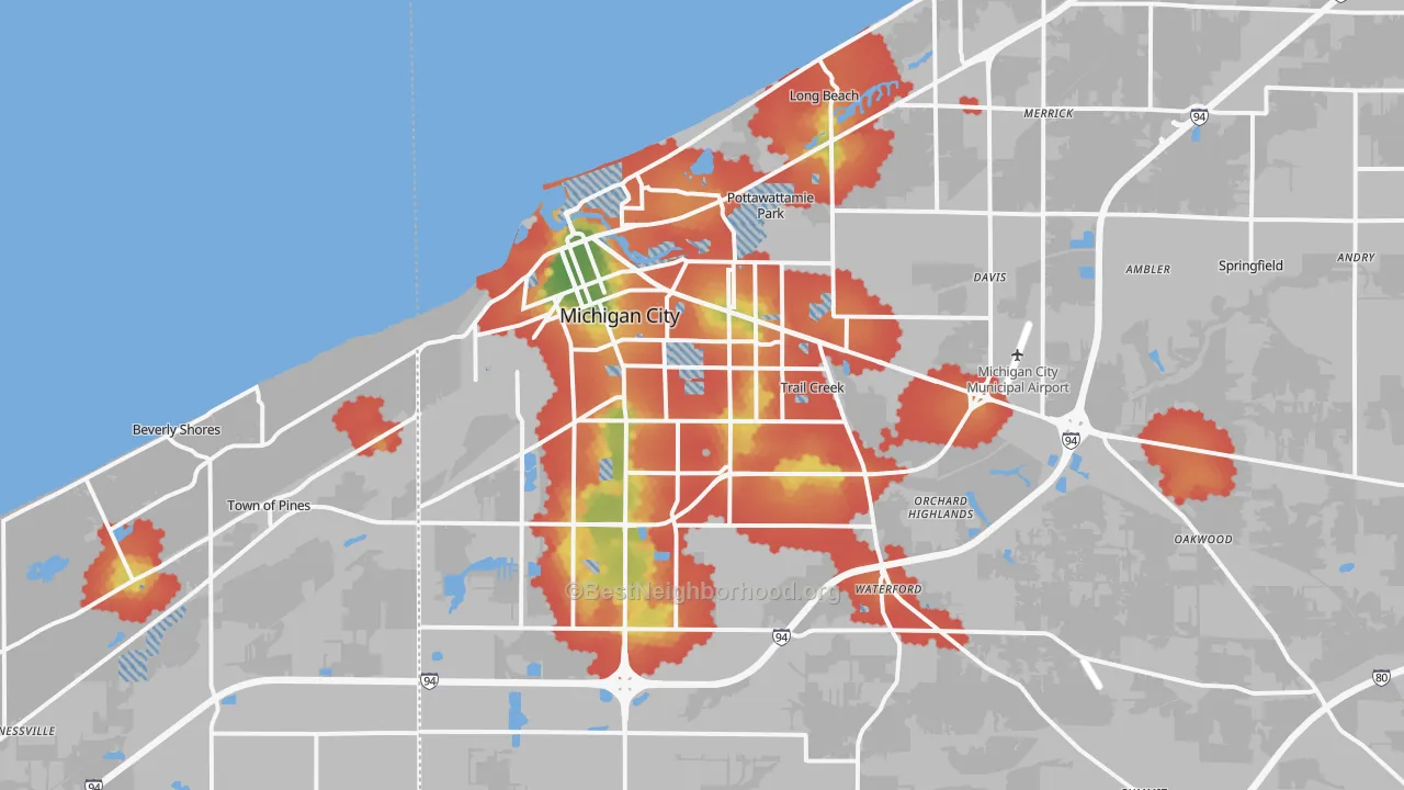 Walk Grade map of Michigan City, IN, walkable areas in green and car-dependent areas in red