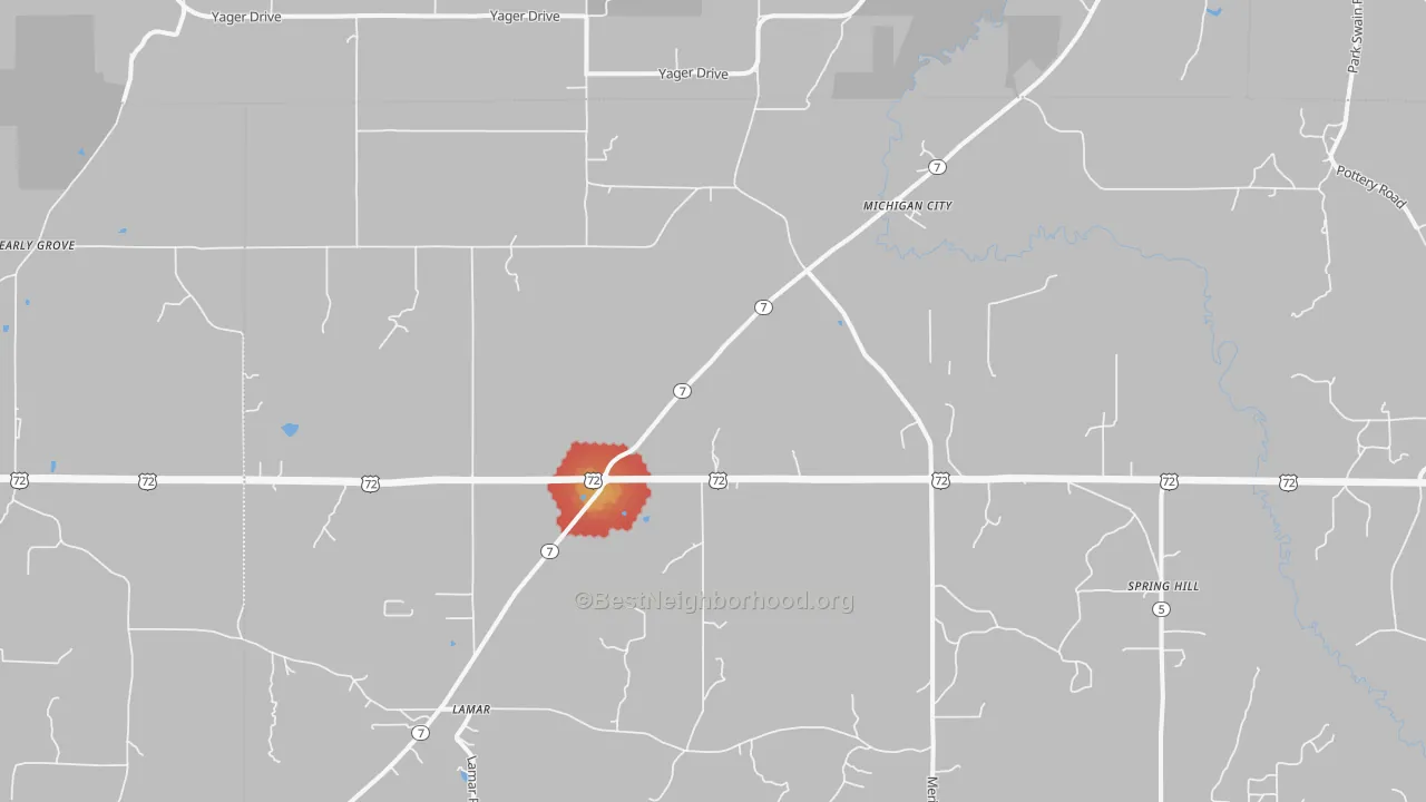 Walk Grade map of Michigan City, MS, walkable areas in green and car-dependent areas in red