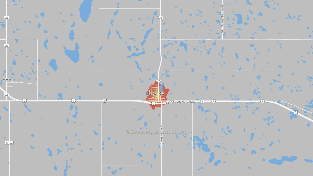Walk Grade map of Michigan City, ND, walkable areas in green and car-dependent areas in red