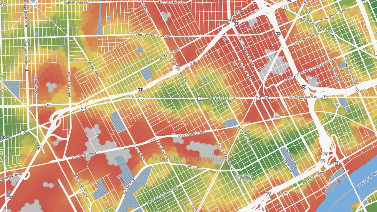 Walk Grade map of Michigan-Martin, Detroit, MI, walkable areas in green and car-dependent areas in red