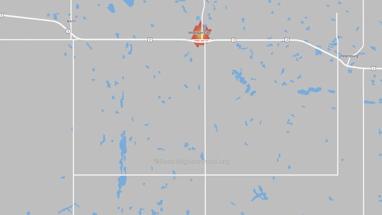 Walk Grade map of Michigan, ND, walkable areas in green and car-dependent areas in red