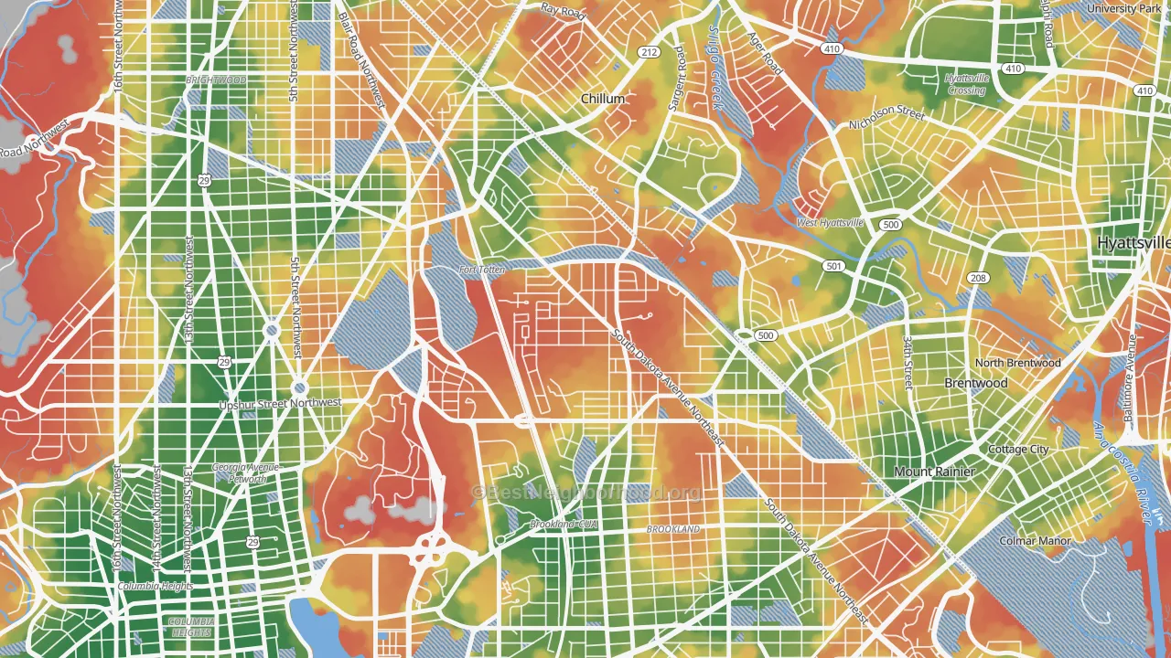 Walk Grade map of Michigan Park, Washington, DC, walkable areas in green and car-dependent areas in red