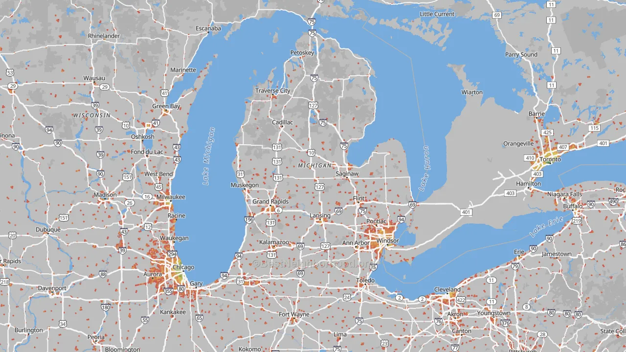 Walk Grade map of Michigan, walkable areas in green and car-dependent areas in red