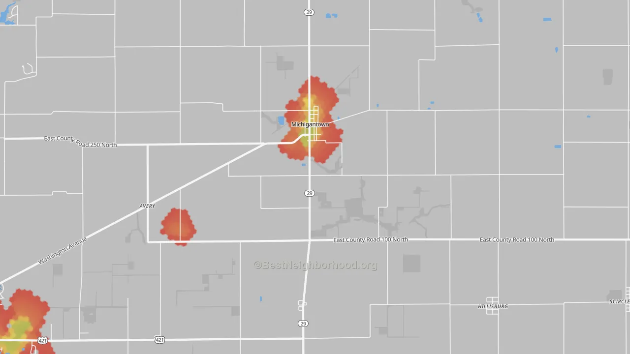 Walk Grade map of Michigantown, IN, walkable areas in green and car-dependent areas in red