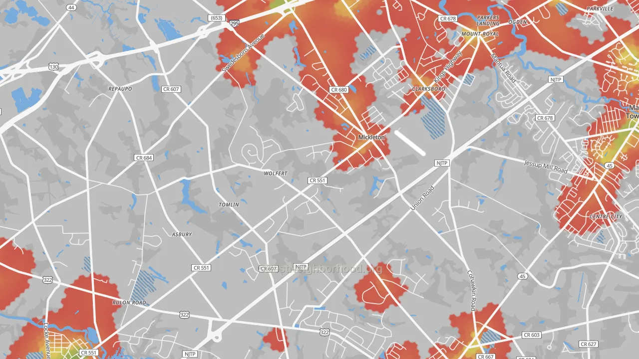 Walk Grade map of Mickleton, NJ, walkable areas in green and car-dependent areas in red