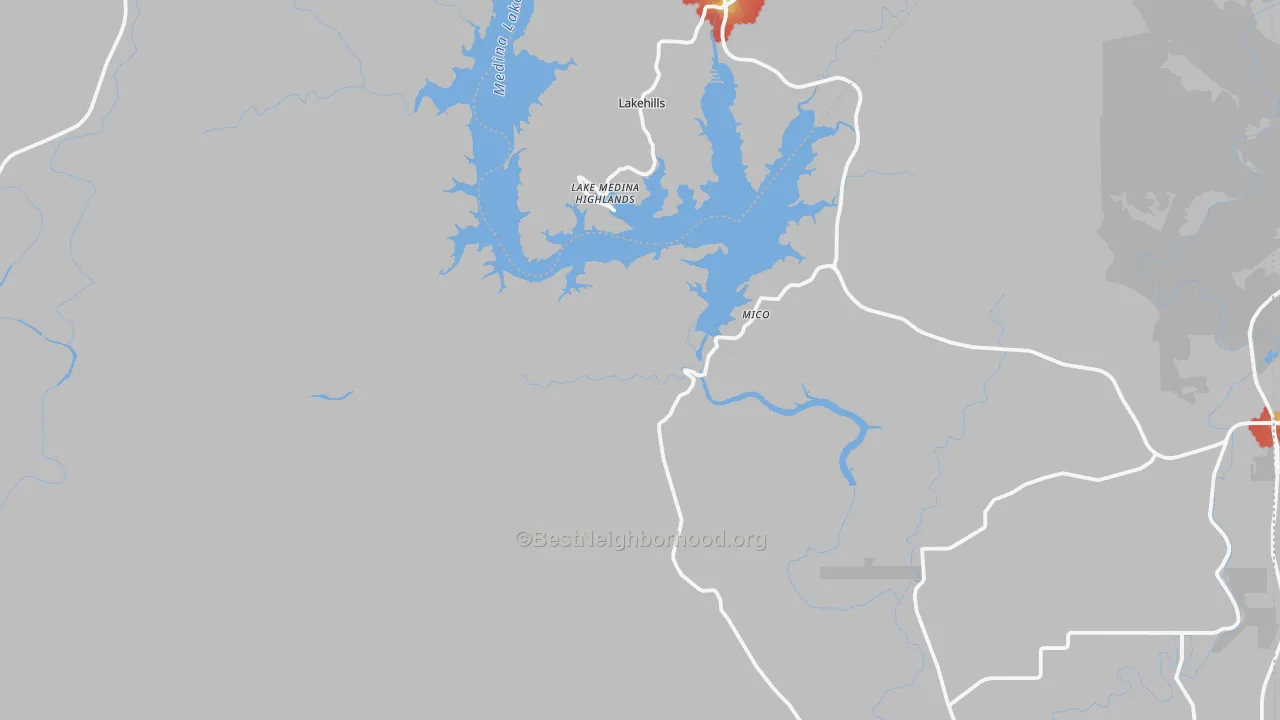 Walk Grade map of Mico, TX, walkable areas in green and car-dependent areas in red