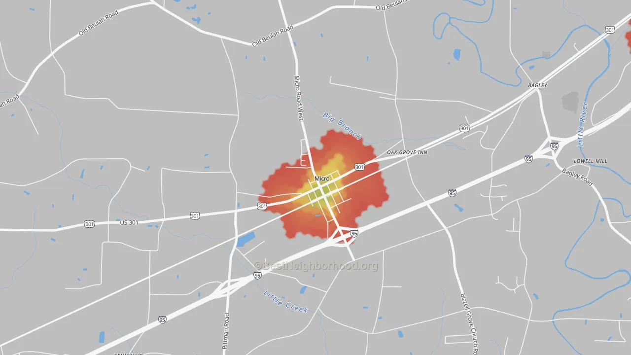 Walk Grade map of Micro, NC, walkable areas in green and car-dependent areas in red