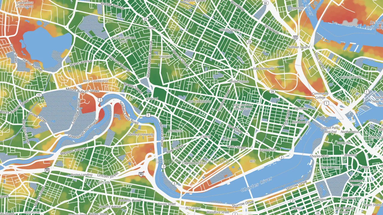 Walk Grade map of Mid-Cambridge, Cambridge, MA, walkable areas in green and car-dependent areas in red