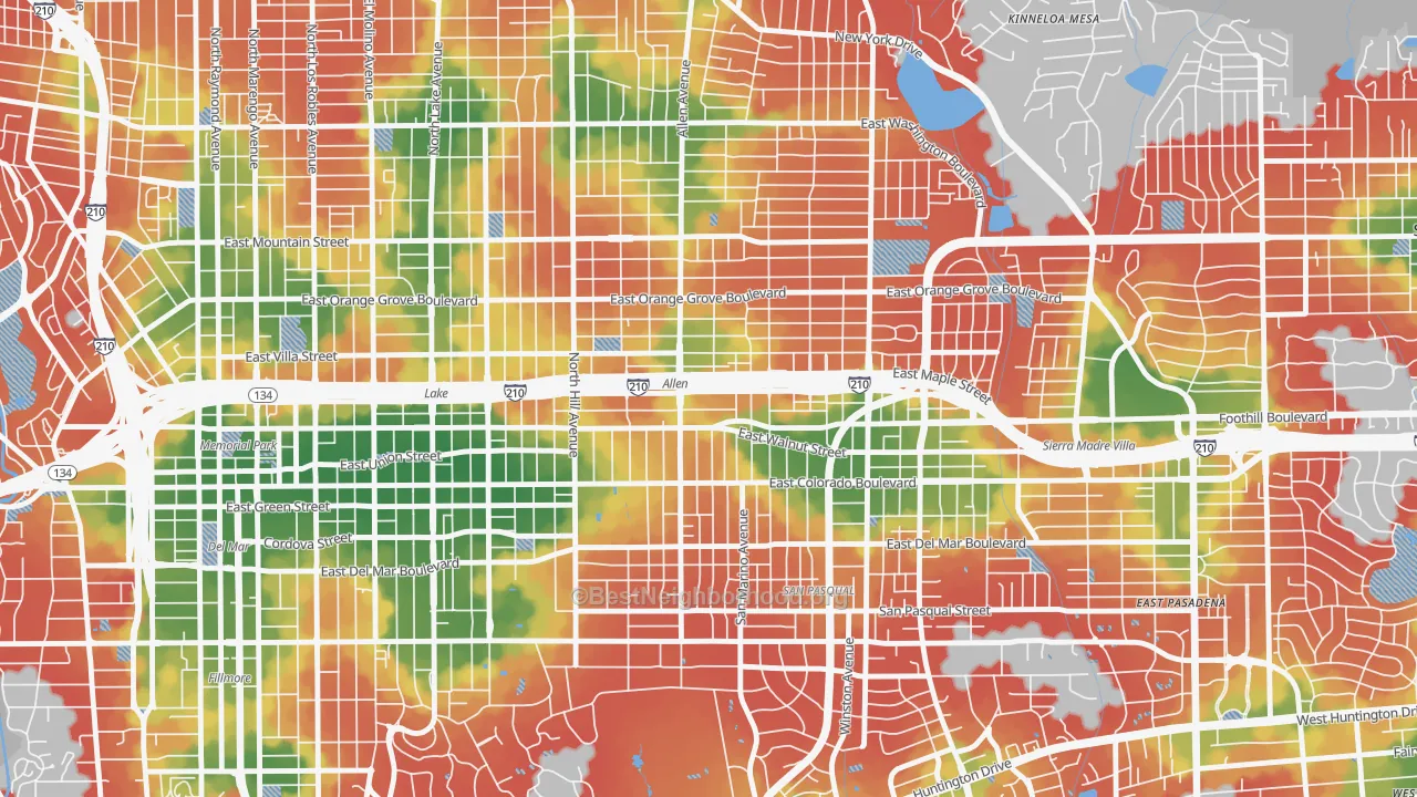 Walk Grade map of Mid Central, Pasadena, CA, walkable areas in green and car-dependent areas in red