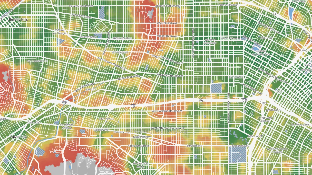 Walk Grade map of Mid City, Los Angeles, CA, walkable areas in green and car-dependent areas in red
