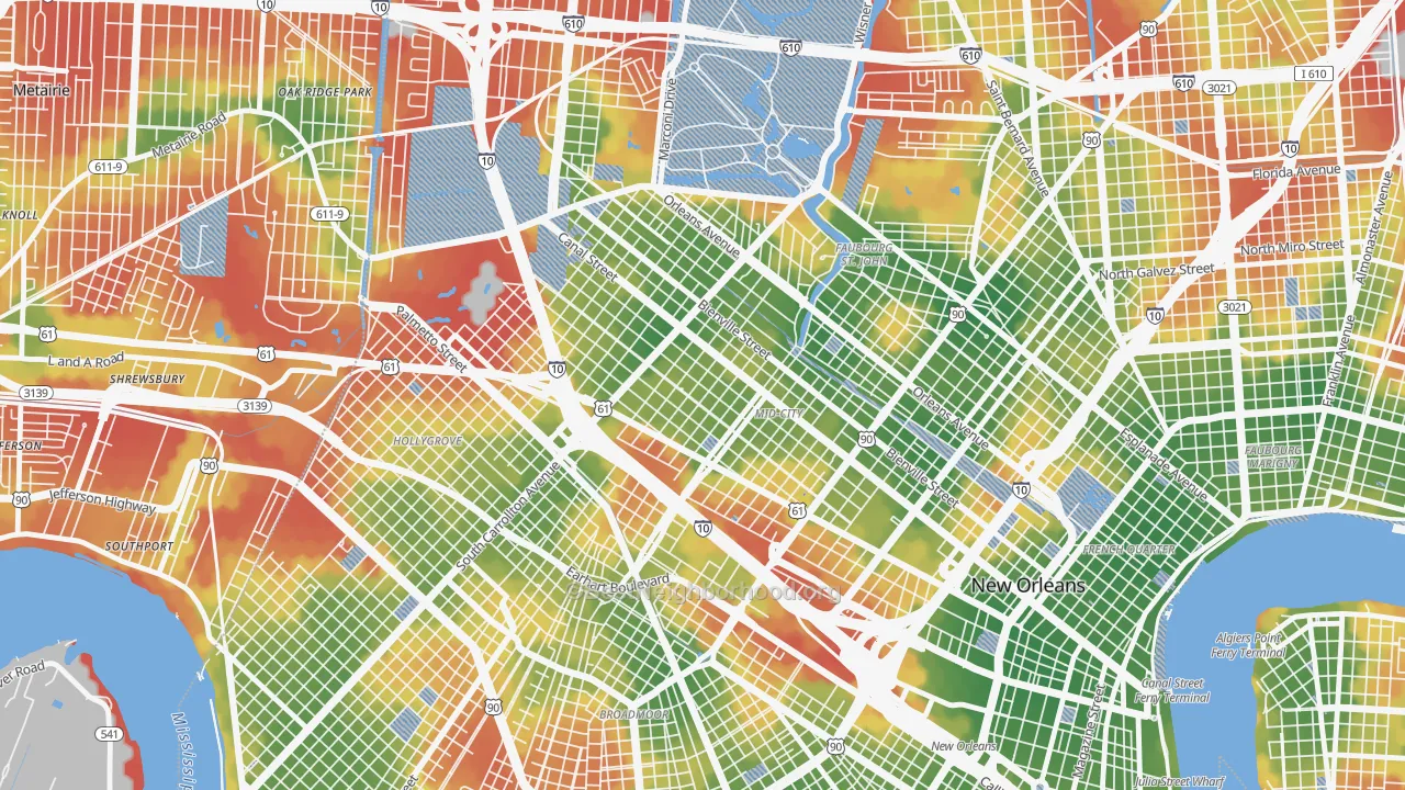 Walk Grade map of Mid-City, New Orleans, LA, walkable areas in green and car-dependent areas in red