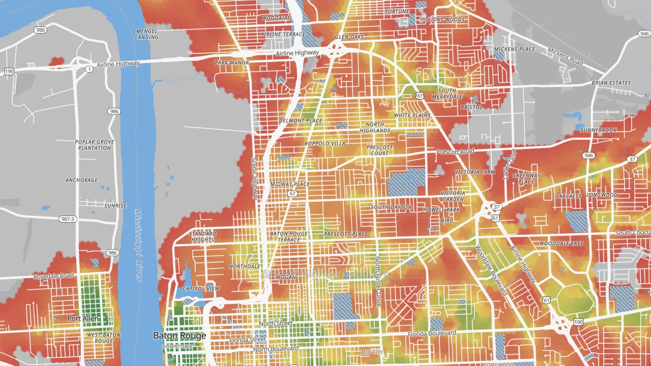 Walk Grade map of Mid City North, Baton Rouge, LA, walkable areas in green and car-dependent areas in red