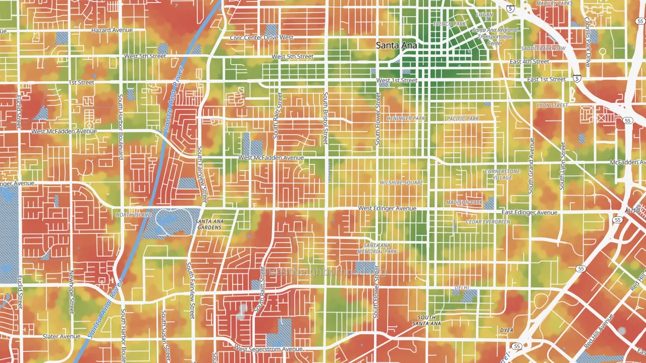 Walk Grade map of Mid City-Santa Ana, Santa Ana, CA, walkable areas in green and car-dependent areas in red