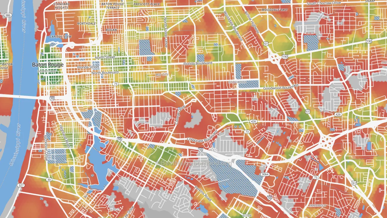 Walk Grade map of Mid City South, Baton Rouge, LA, walkable areas in green and car-dependent areas in red