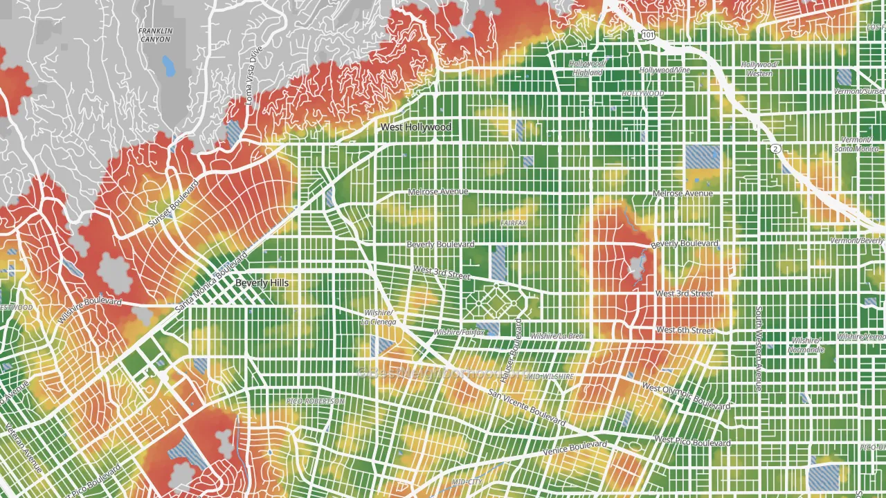 Walk Grade map of Mid City West, Los Angeles, CA, walkable areas in green and car-dependent areas in red