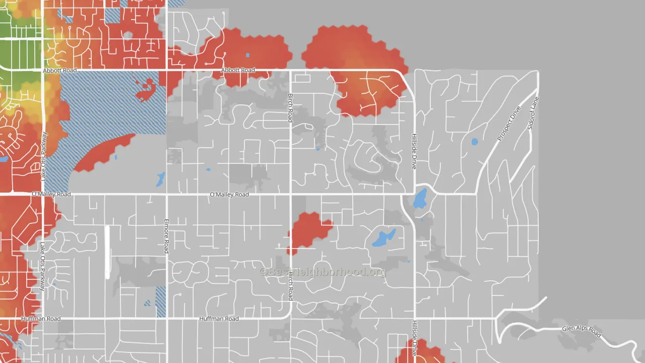 Walk Grade map of Mid-Hillside, Anchorage, AK, walkable areas in green and car-dependent areas in red
