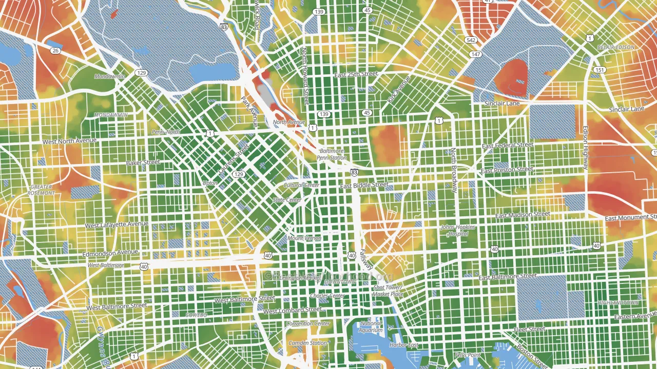 Walk Grade map of Mid-Town Belvedere, Baltimore, MD, walkable areas in green and car-dependent areas in red