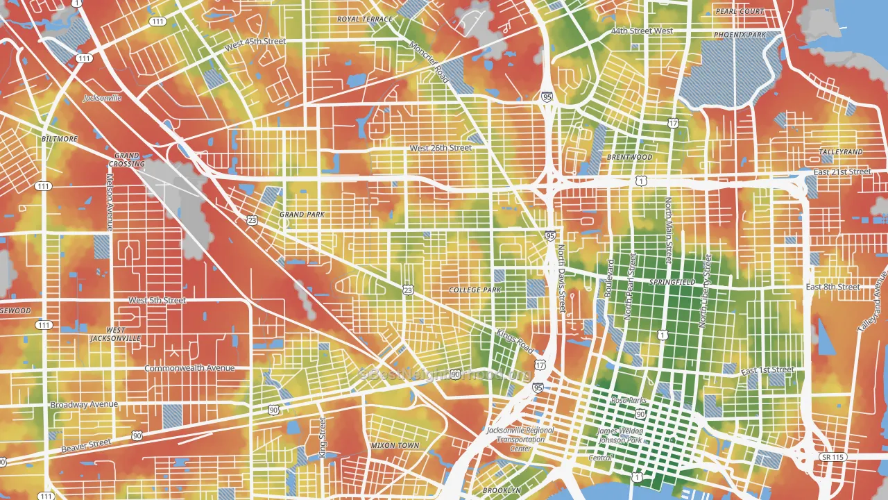Walk Grade map of Mid-Westside, Jacksonville, FL, walkable areas in green and car-dependent areas in red
