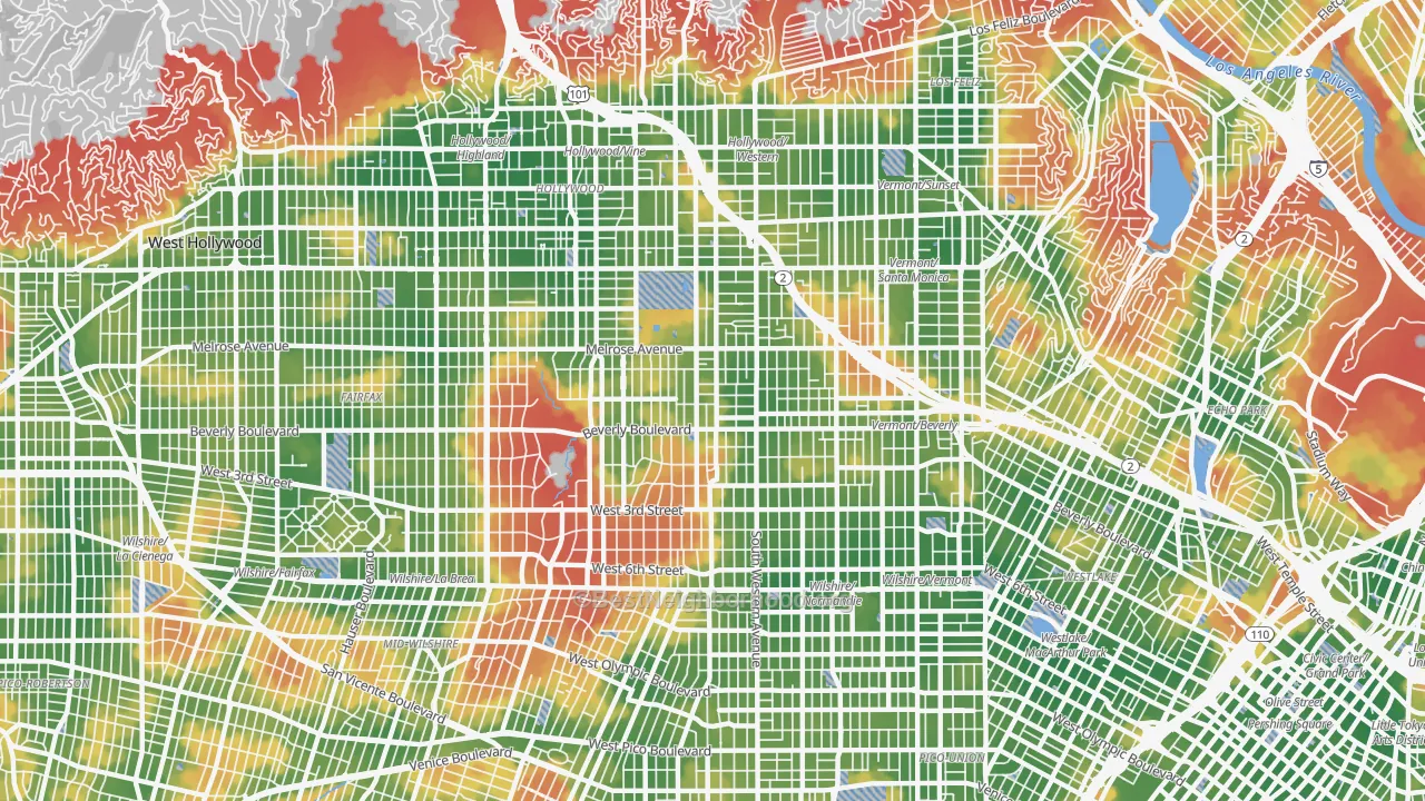 Walk Grade map of Mid Wilshire, Los Angeles, CA, walkable areas in green and car-dependent areas in red