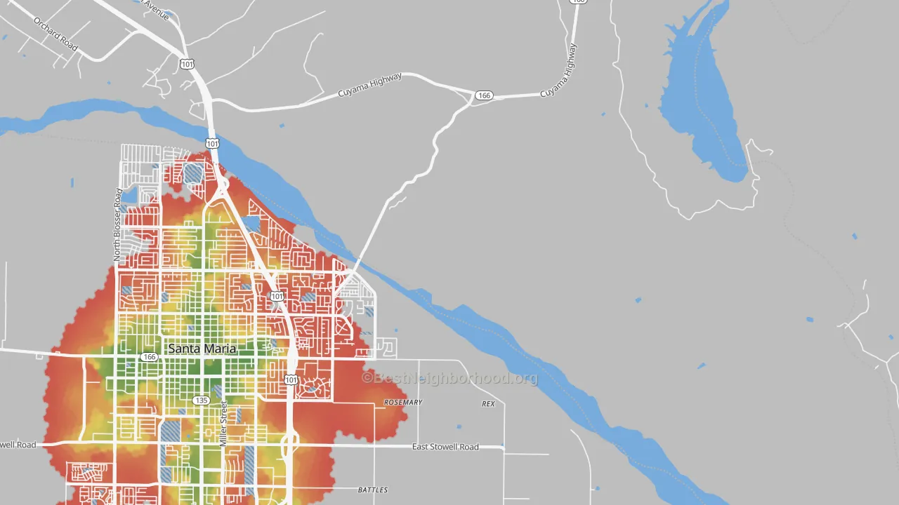 Walk Grade map of Midco, CA, walkable areas in green and car-dependent areas in red