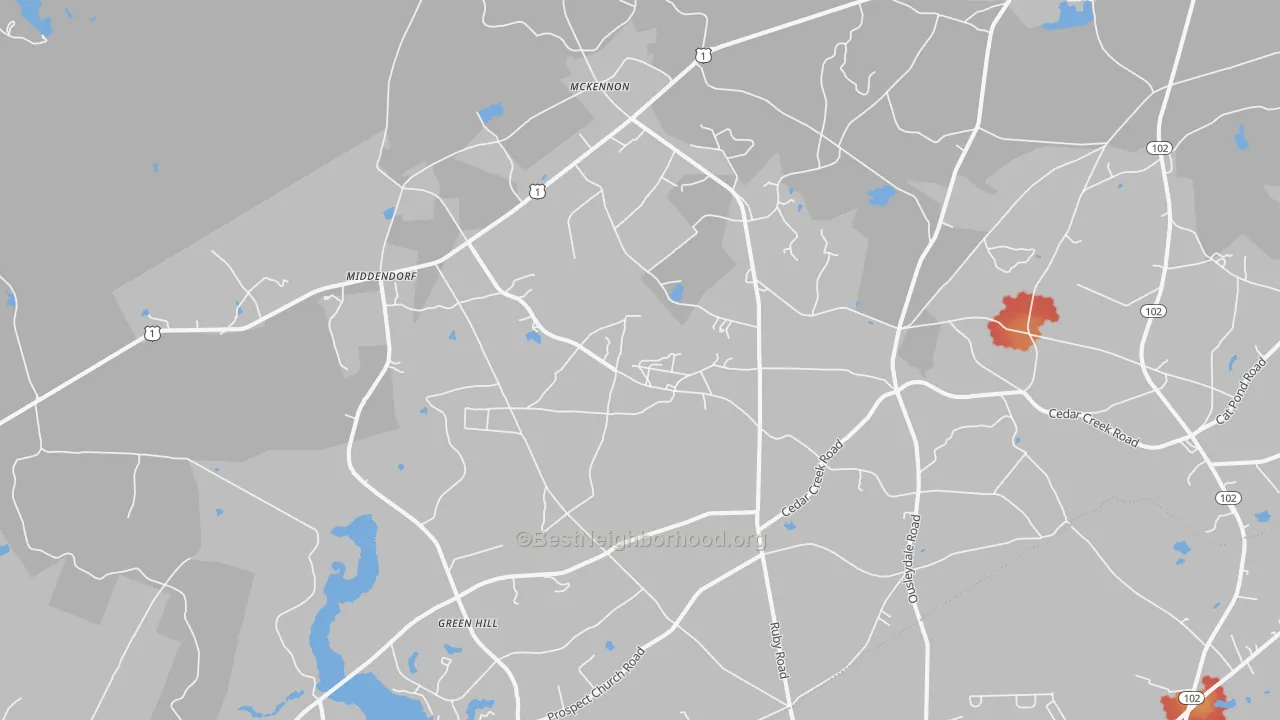 Walk Grade map of Middendorf, SC, walkable areas in green and car-dependent areas in red