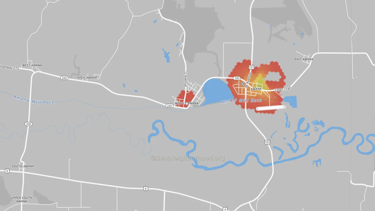 Walk Grade map of Middle Amana, IA, walkable areas in green and car-dependent areas in red