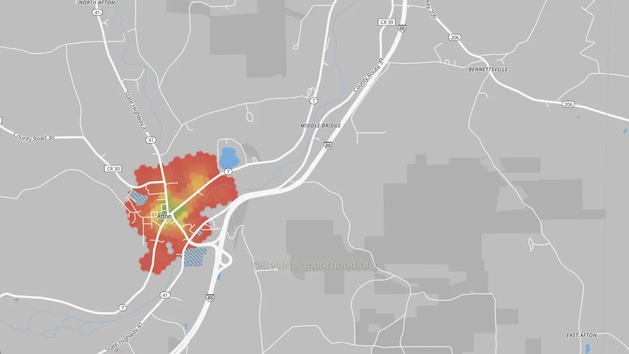 Walk Grade map of Middle Bridge, NY, walkable areas in green and car-dependent areas in red