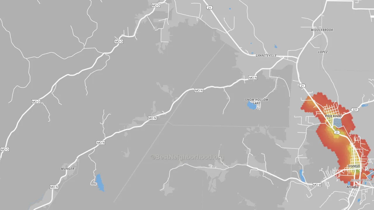 Walk Grade map of Middle Brook, MO, walkable areas in green and car-dependent areas in red